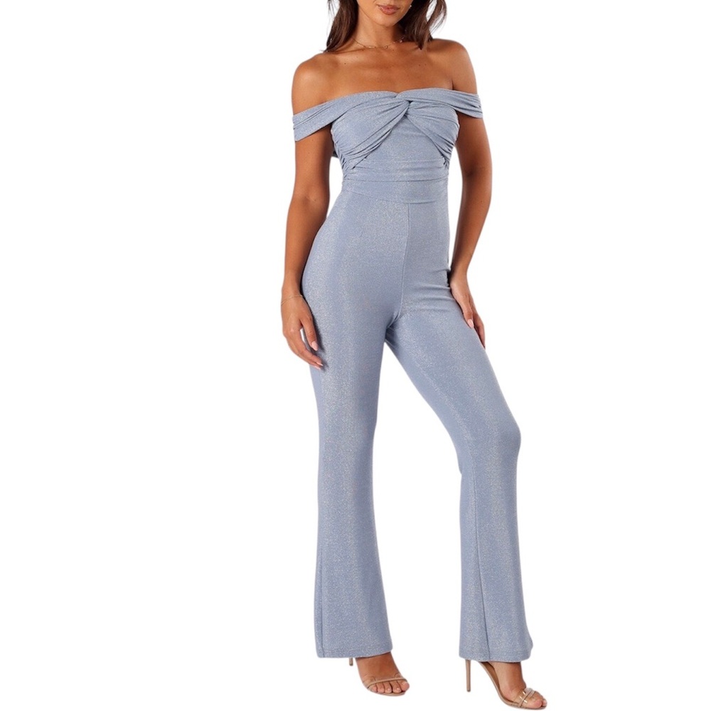 Petal and Pup Blue Metallic Sharnie Off Shoulder Stretch Jumpsuit Size X Small
